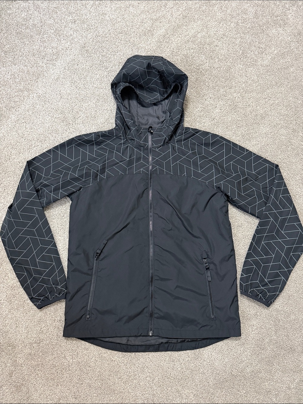 all in motion Black Hooded Windbreaker with Reflective Print - Kids Size XXL 18